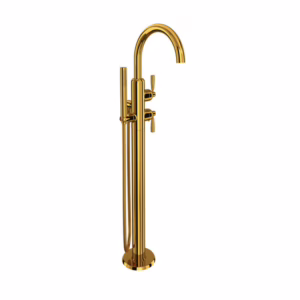 Perrin & Rowe | Unlacquered Brass Holborn™ Single Hole Floor Mount Tub Filler Trim With C-Spout