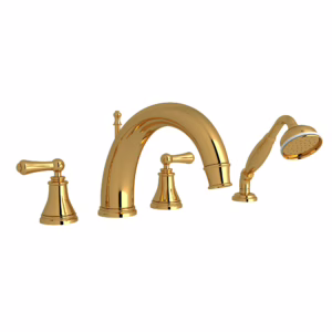 Perrin & Rowe | Unlacquered Brass Georgian Era™ 4-Hole Deck Mount Tub Filler With C-Spout
