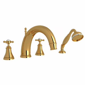 Perrin & Rowe | Unlacquered Brass Georgian Era™ 4-Hole Deck Mount Tub Filler With C-Spout