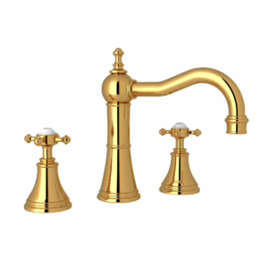 Perrin & Rowe | Unlacquered Brass Georgian Era™ Widespread Lavatory Faucet With Column Spout