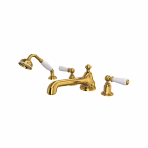 Perrin & Rowe | Unlacquered Brass Edwardian™ 4-Hole Deck Mount Tub Filler With Low Spout
