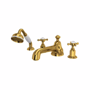 Perrin & Rowe | Unlacquered Brass Edwardian™ 4-Hole Deck Mount Tub Filler With Low Spout