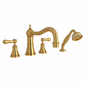 Perrin & Rowe | Unlacquered Brass Georgian Era™ 4-Hole Deck Mount Tub Filler With Column Spout