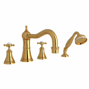 Perrin & Rowe | Unlacquered Brass Georgian Era™ 4-Hole Deck Mount Tub Filler With Column Spout
