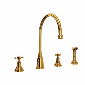 Perrin & Rowe | Unlacquered Brass Georgian Era™ Two Handle Kitchen Faucet With Side Spray