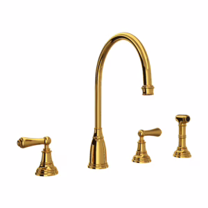 Perrin & Rowe | Unlacquered Brass Georgian Era™ Two Handle Kitchen Faucet With Side Spray