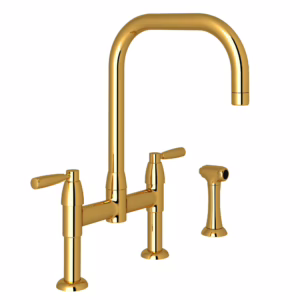 Perrin & Rowe | Unlacquered Brass Holborn™ Bridge Kitchen Faucet With U-Spout and Side Spray
