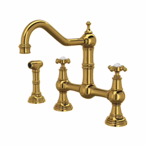 Perrin & Rowe | Unlacquered Brass Edwardian™ Bridge Kitchen Faucet With Side Spray