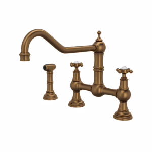 Perrin & Rowe | English Bronze Edwardian™ Extended Spout Bridge Kitchen Faucet With Side Spray