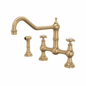Perrin & Rowe | Satin English Gold Edwardian™ Extended Spout Bridge Kitchen Faucet With Side Spray