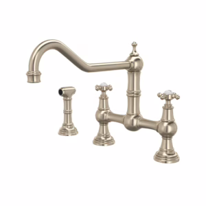 Perrin & Rowe | Satin Nickel Edwardian™ Extended Spout Bridge Kitchen Faucet With Side Spray