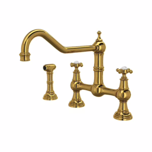 Perrin & Rowe | Unlacquered Brass Edwardian™ Extended Spout Bridge Kitchen Faucet With Side Spray