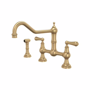 Perrin & Rowe | Satin English Gold Edwardian™ Extended Spout Bridge Kitchen Faucet With Side Spray