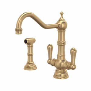 Perrin & Rowe | Satin English Gold Edwardian™ Two Handle Kitchen Faucet With Side Spray