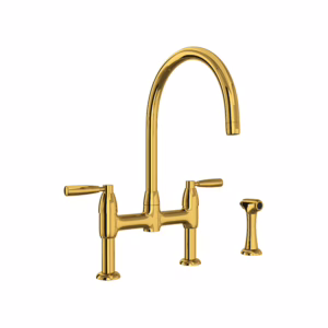 Perrin & Rowe | Unlacquered Brass Holborn™ Bridge Kitchen Faucet With C-Spout and Side Spray
