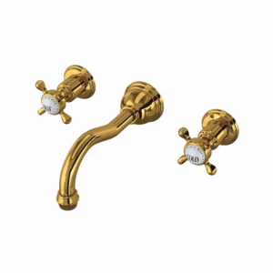 Perrin & Rowe | Unlacquered Brass Edwardian™ Wall Mount Lavatory Faucet Trim With Column Spout