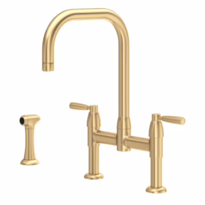 Perrin & Rowe | Satin English Gold Holborn™ Bridge Kitchen Faucet With U-Spout and Side Spray