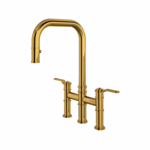 Perrin & Rowe | Unlacquered Brass Armstrong™ Pull-Down Bridge Kitchen Faucet With U-Spout