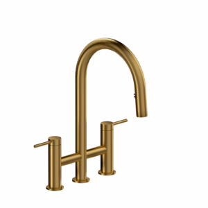 RIOBEL | Brushed Gold Azure™ Bridge Pull-Down Kitchen Faucet With C-Spout