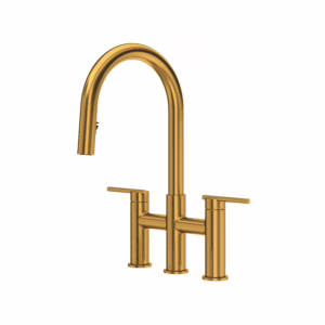 RIOBEL | Brushed Gold Lateral™ Bridge Pull-Down Kitchen Faucet With C-Spout
