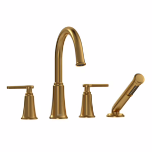 RIOBEL | Brushed Gold Momenti™ 4-Hole Deck Mount Tub Filler With C-Spout