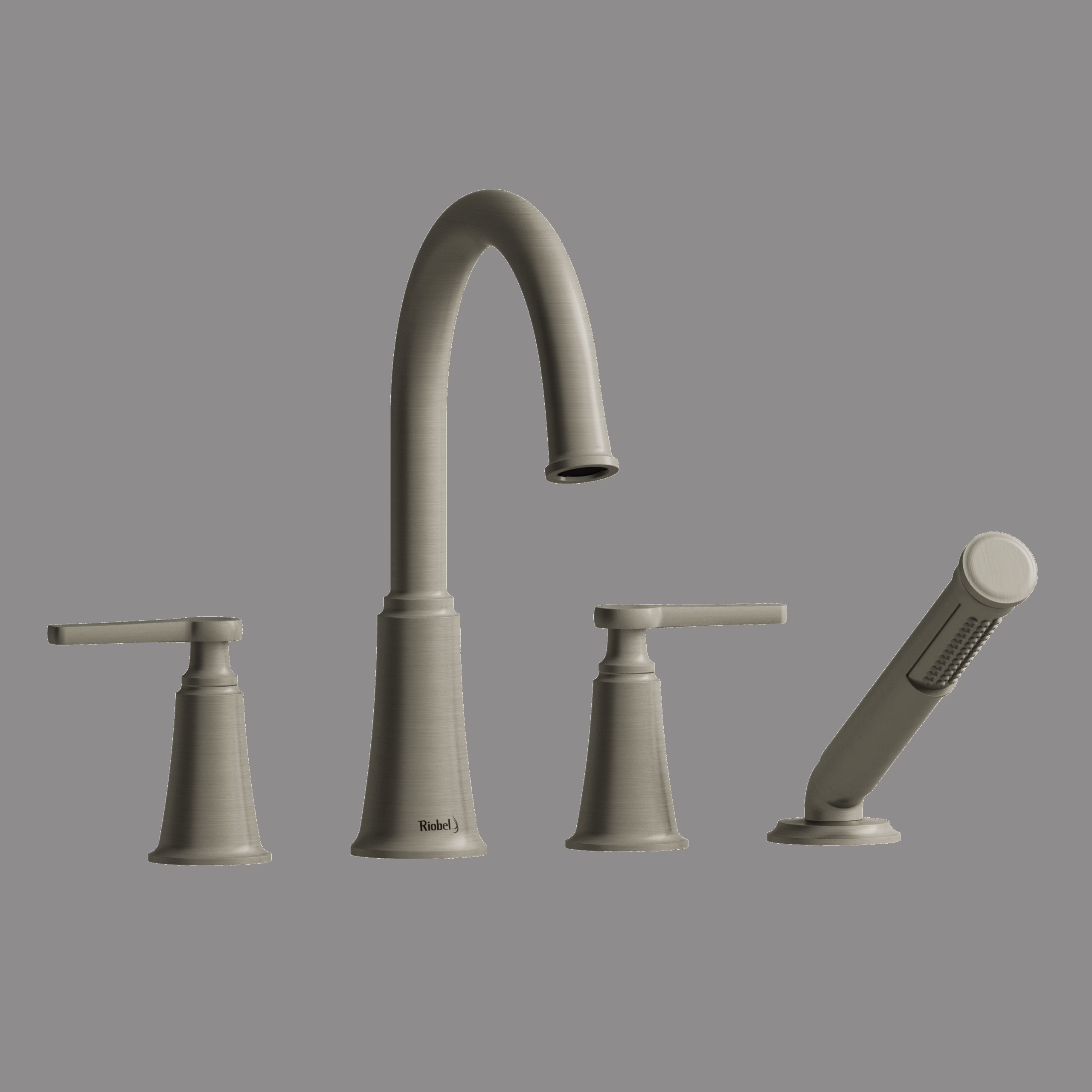 RIOBEL | Brushed Nickel Momenti™ 4-Hole Deck Mount Tub Filler With C-Spout