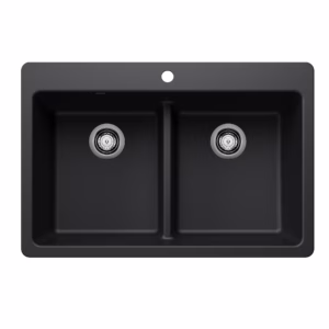 Liven SILGRANIT 33" 50/50 Double Bowl Dual Mount Kitchen Sink with Low Divide - Coal Black