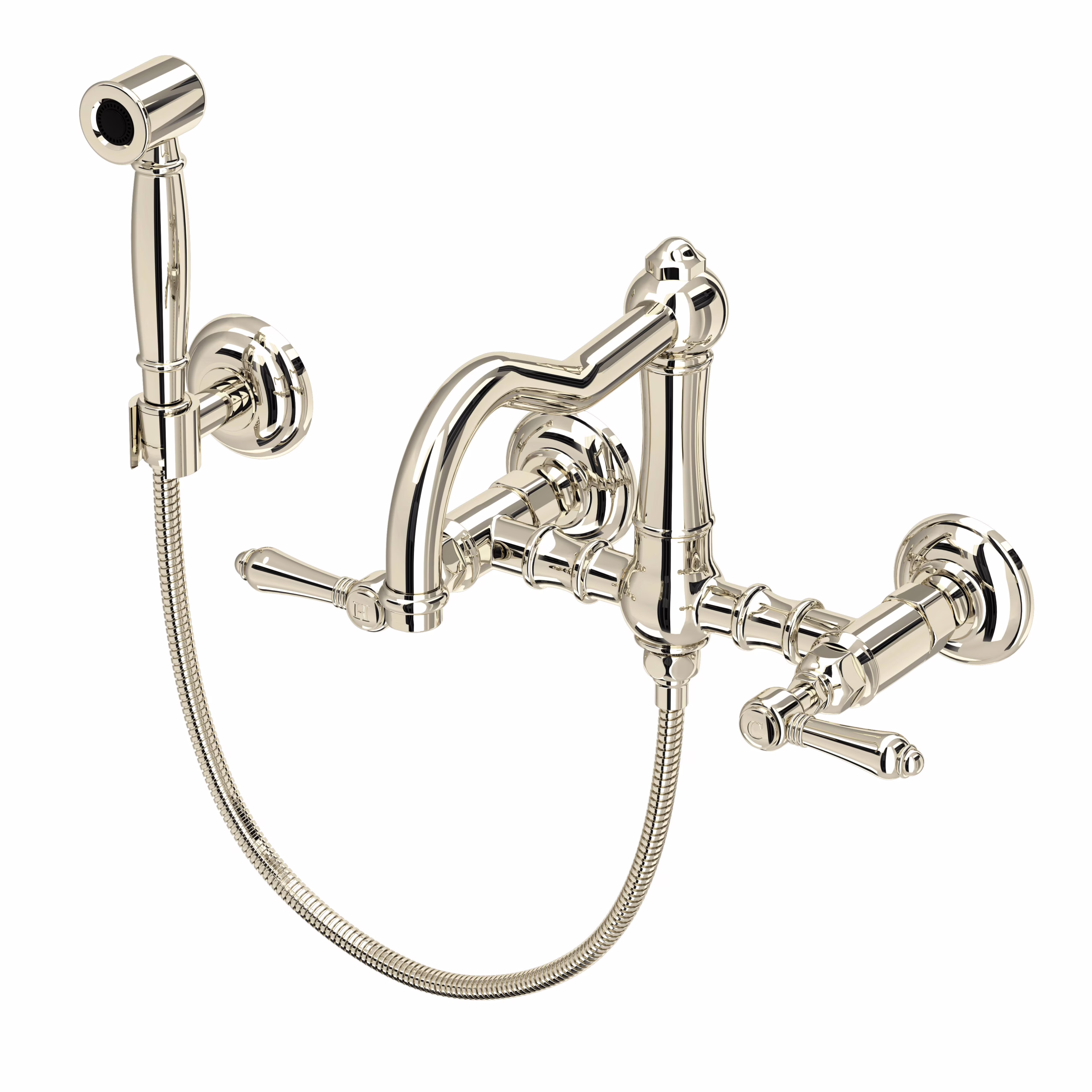 A1456LMWSPN-2 ROHL Polished Nickel Acqui® Wall Mount Bridge Kitchen Faucet With Sidespray And Column Spout