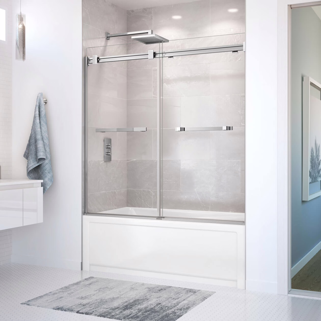 MAAX Duel 136270-900-084-000 Bathtub Door 56-59" Frameless 2-Panel Sliding Chrome Clear