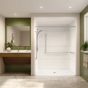 Banff BFS-6036A - CSA Compliant Acrylic Alcove Center Drain Beveled Threshold Three-Piece Shower in White with Left Grab Bars