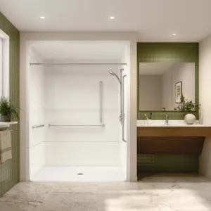 Banff BFS-6036A - CSA Compliant Acrylic Alcove Center Drain Beveled Threshold Three-Piece Shower in White with Right Grab Bars