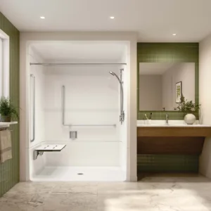 Banff BFS-6036A - NBC Alberta Compliant Acrylic Alcove Center Drain Beveled Threshold Three-Piece Shower in White with Right Rectangular Naugahyde Seat