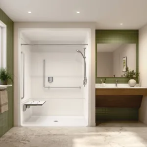 Banff BFS-6036A - NBC Compliant Acrylic Alcove Center Drain Vertical Threshold Three-Piece Shower in White with Right Rectangular Phenolic Seat